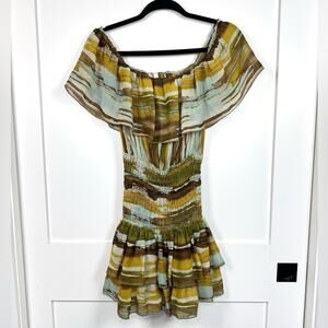 Capuccino Off The Shoulder Smocked Ruffle Mini Dress Made in France Size XS